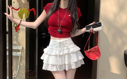 High Rise Plain Lace-Up Ruffle Lace Trim Mini A-Line Skirt
