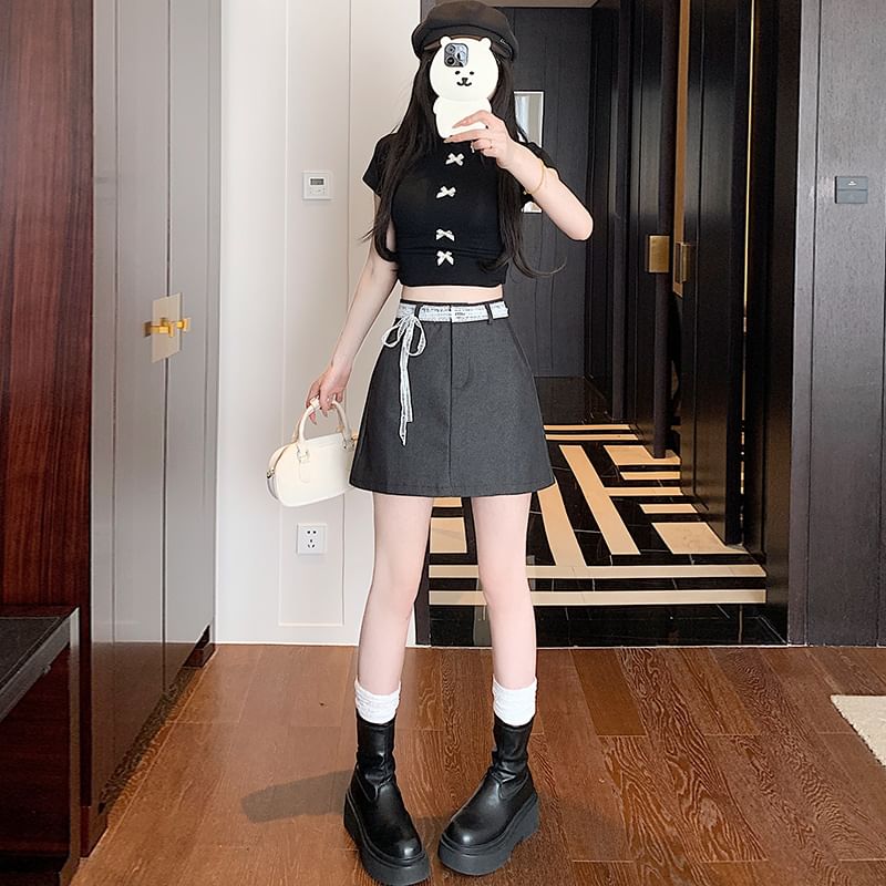 High Rise Plain Lace Trim Mini A-Line Skirt