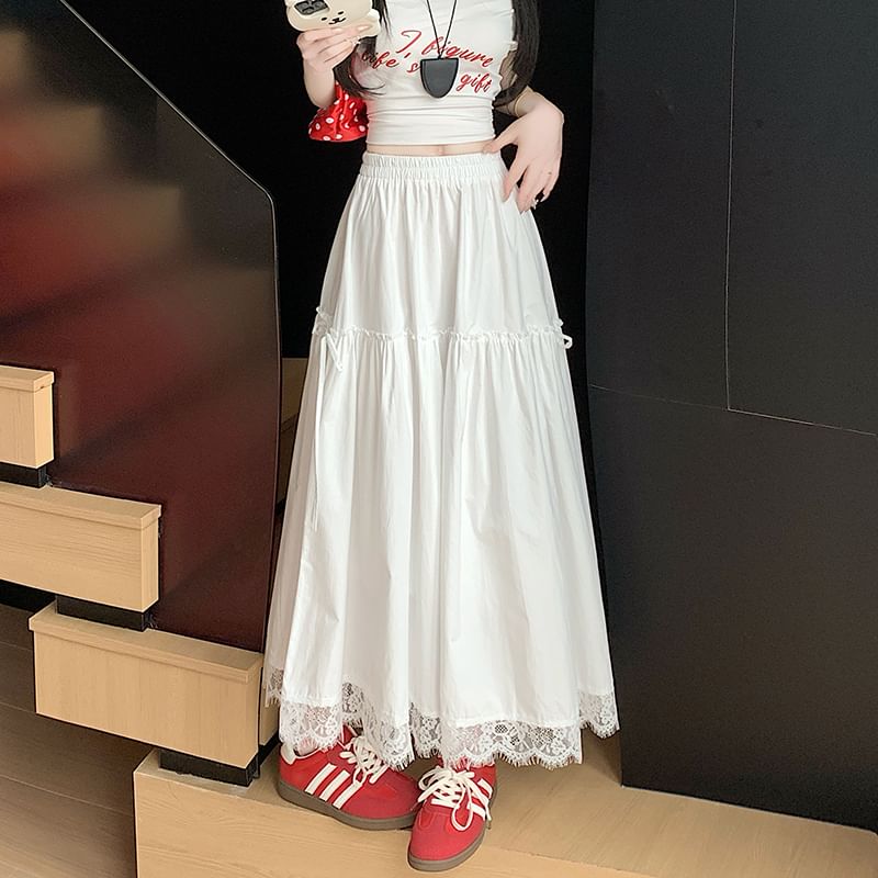 High Waist Plain Lace Trim Maxi A-Line Skirt