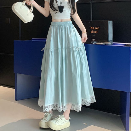 High Waist Plain Lace Trim Maxi A-Line Skirt