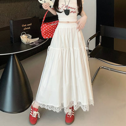 High Waist Plain Lace Trim Maxi A-Line Skirt