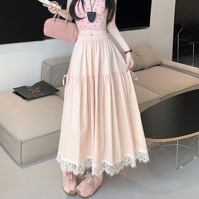 High Waist Plain Lace Trim Maxi A-Line Skirt