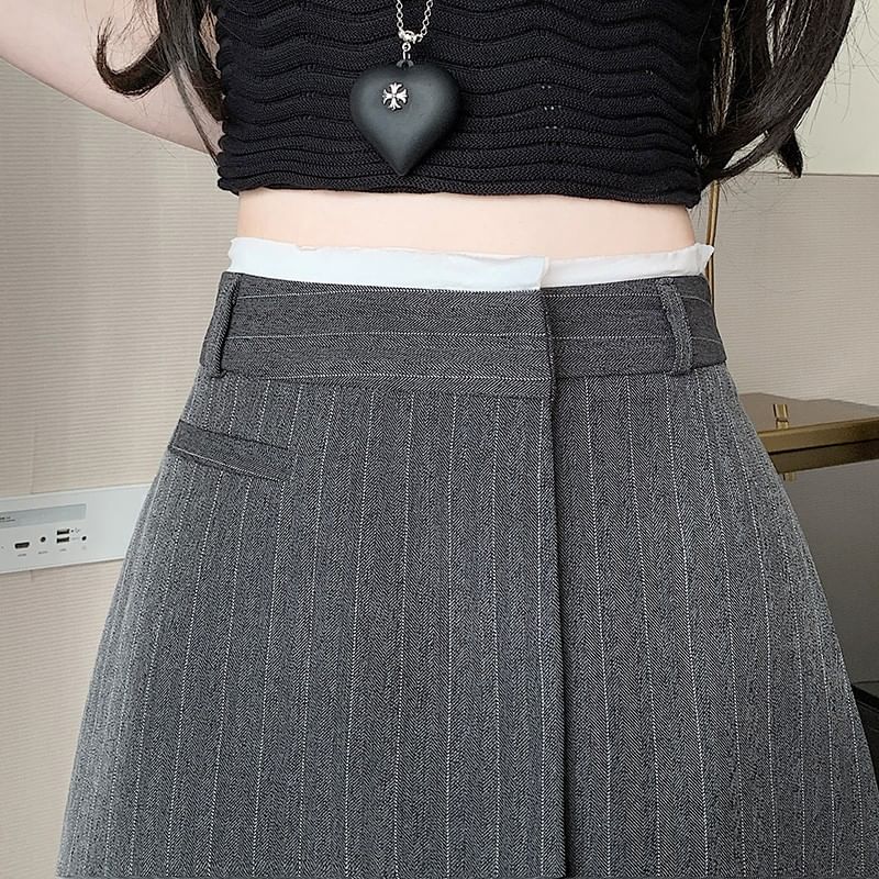 High Rise Pinstriped Asymmetrical Mini A-Line Skirt