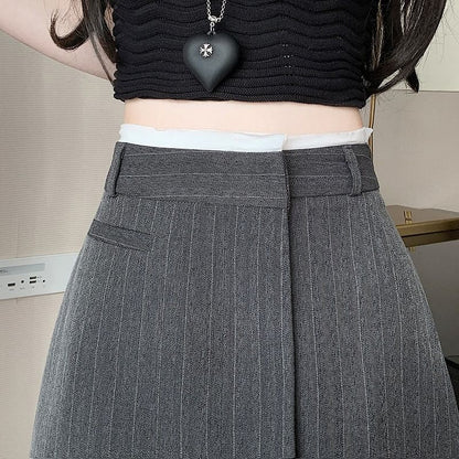 High Rise Pinstriped Asymmetrical Mini A-Line Skirt