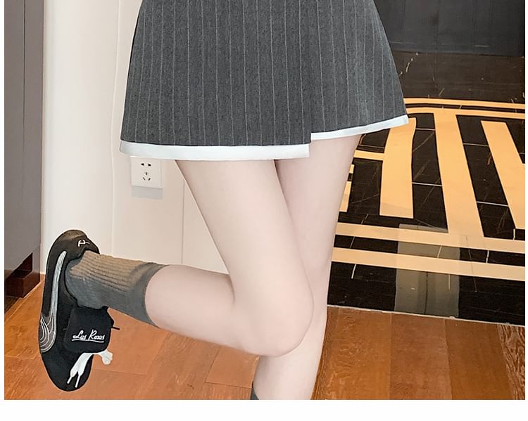 High Rise Pinstriped Asymmetrical Mini A-Line Skirt