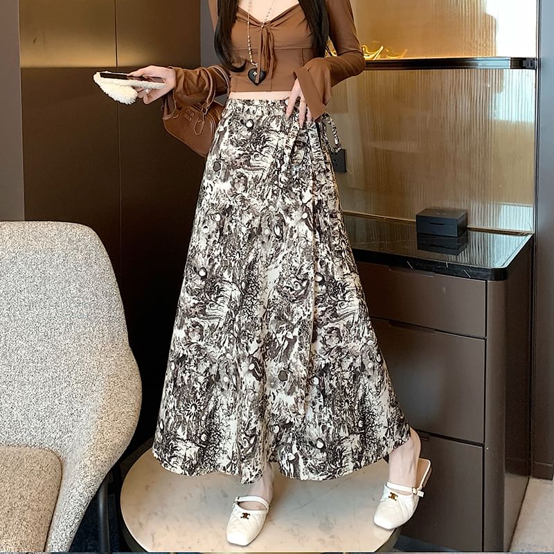 High Waist Patterned Maxi A-Line Skirt