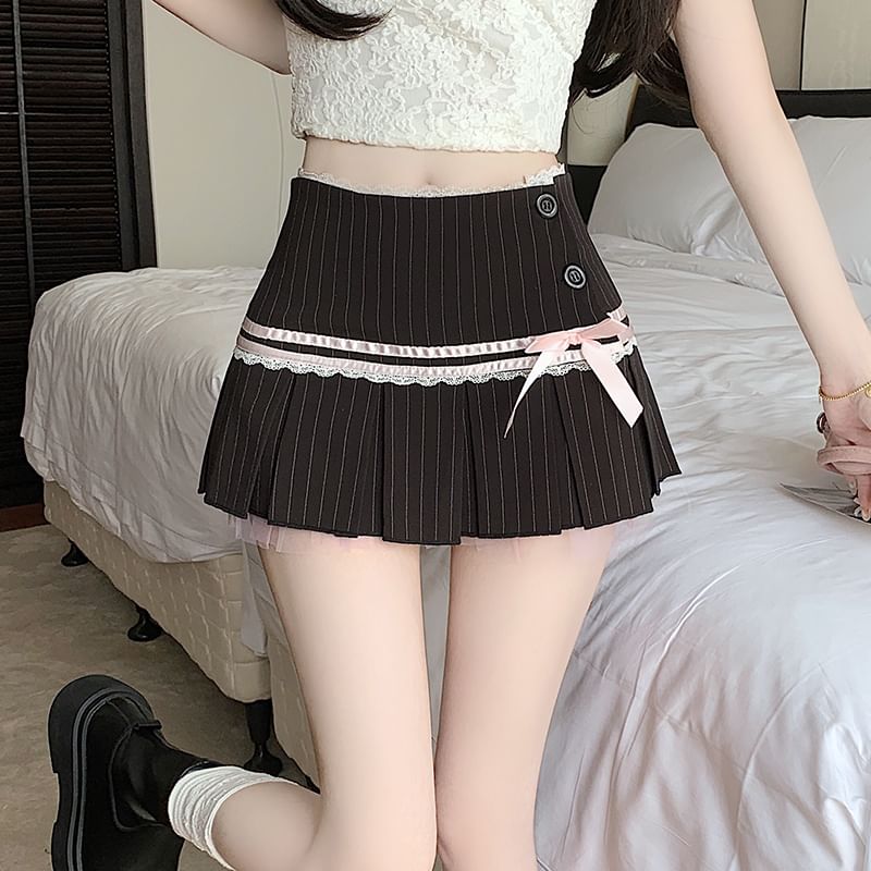Low Waist Pinstriped Lace Trim Bow Pleated Mini A-Line Skirt