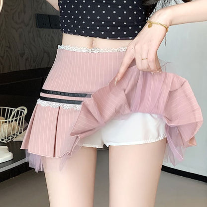 Low Waist Pinstriped Lace Trim Bow Pleated Mini A-Line Skirt
