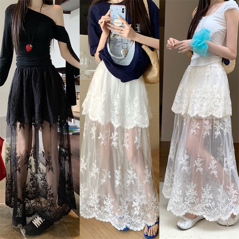 High Waist Flower Embroidered Lace Trim Maxi A-Line Skirt