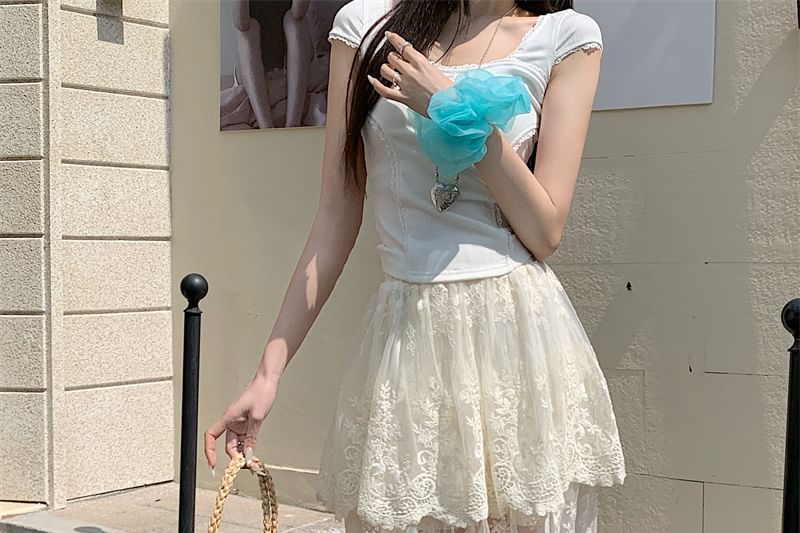 High Waist Flower Embroidered Lace Trim Maxi A-Line Skirt