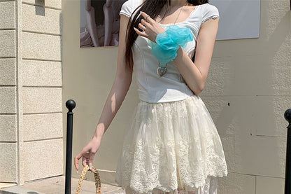 High Waist Flower Embroidered Lace Trim Maxi A-Line Skirt