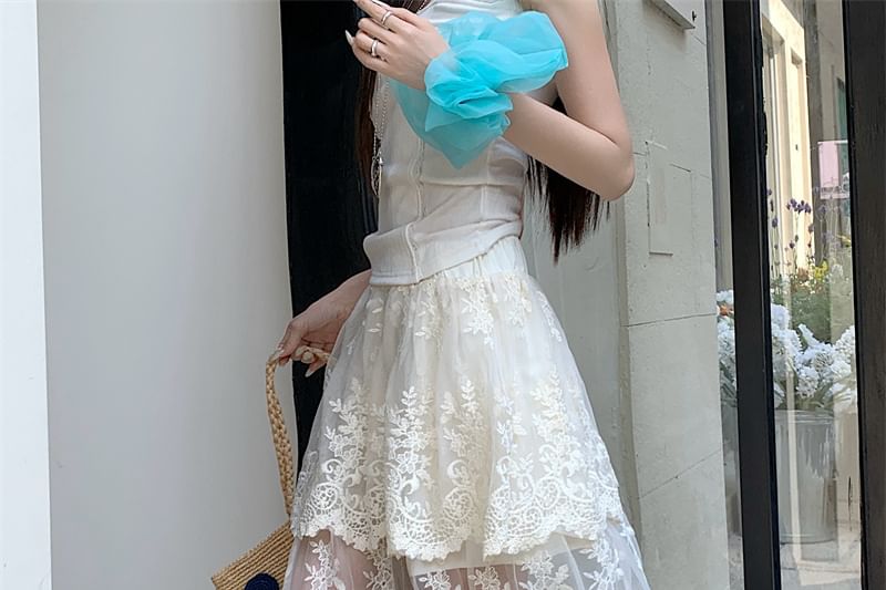 High Waist Flower Embroidered Lace Trim Maxi A-Line Skirt