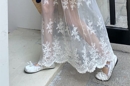 High Waist Flower Embroidered Lace Trim Maxi A-Line Skirt