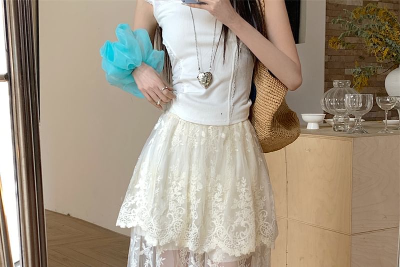 High Waist Flower Embroidered Lace Trim Maxi A-Line Skirt