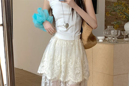 High Waist Flower Embroidered Lace Trim Maxi A-Line Skirt