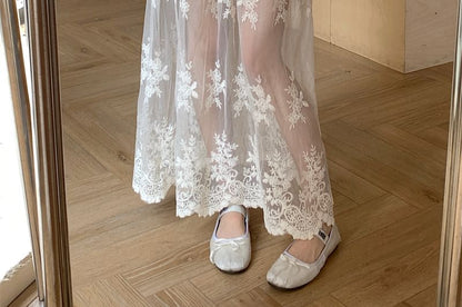 High Waist Flower Embroidered Lace Trim Maxi A-Line Skirt