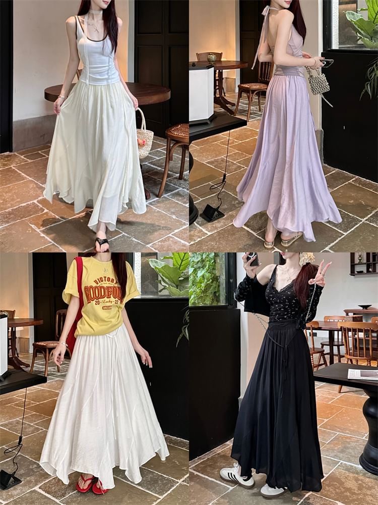 High Waist Plain Asymmetrical Maxi A-Line Skirt