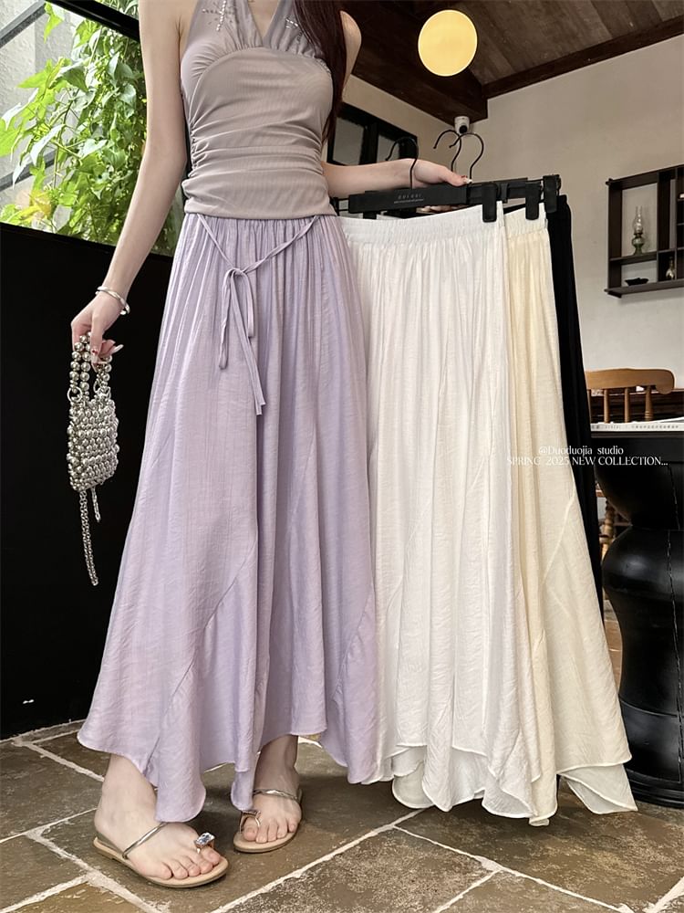 High Waist Plain Asymmetrical Maxi A-Line Skirt