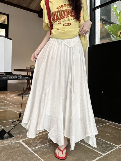 High Waist Plain Asymmetrical Maxi A-Line Skirt