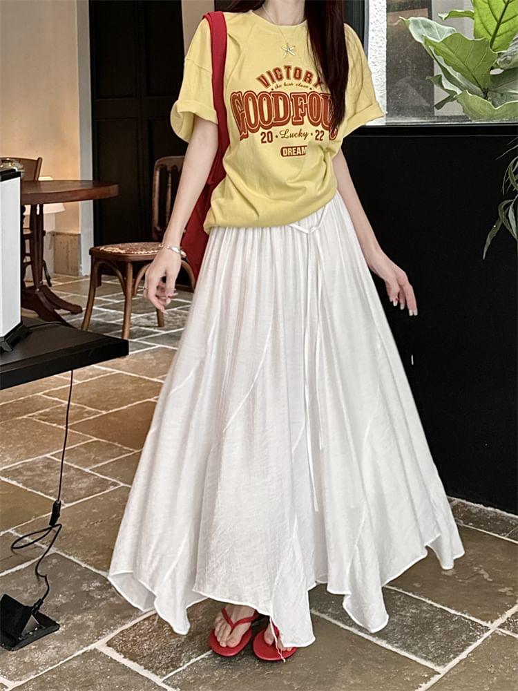 High Waist Plain Asymmetrical Maxi A-Line Skirt