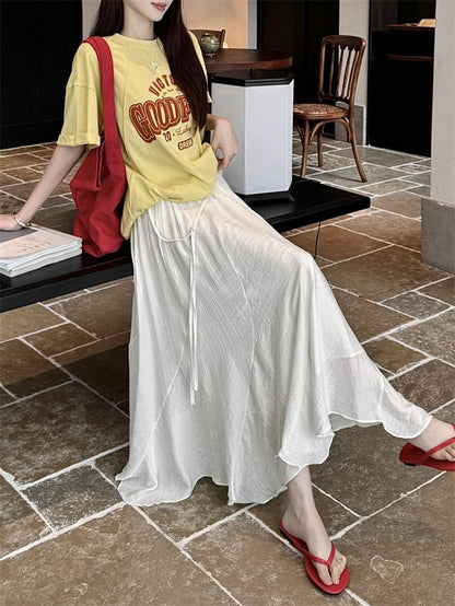 High Waist Plain Asymmetrical Maxi A-Line Skirt