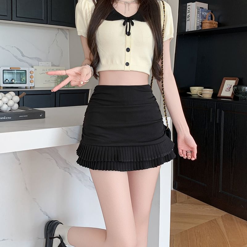 High Waist Plain Ruffle Ruched Mini Pencil Skirt