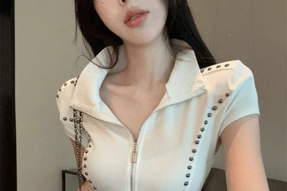 Short-Sleeve Turtleneck Plain Studded Zip Slim Fit T-Shirt