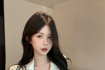 Short-Sleeve Turtleneck Plain Studded Zip Slim Fit T-Shirt