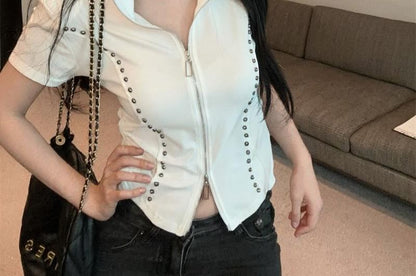 Short-Sleeve Turtleneck Plain Studded Zip Slim Fit T-Shirt