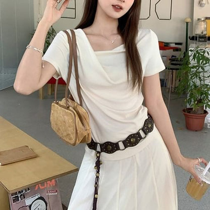 Plain Cowl Fit T-Shirt Neck Ruched Slim Short-Sleeve