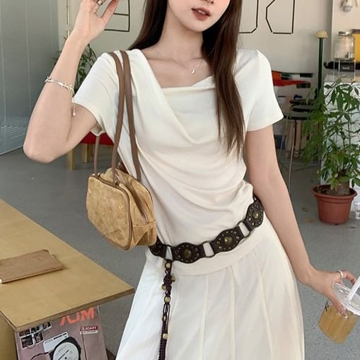 Short-Sleeve Cowl Neck Plain Ruched Slim Fit T-Shirt