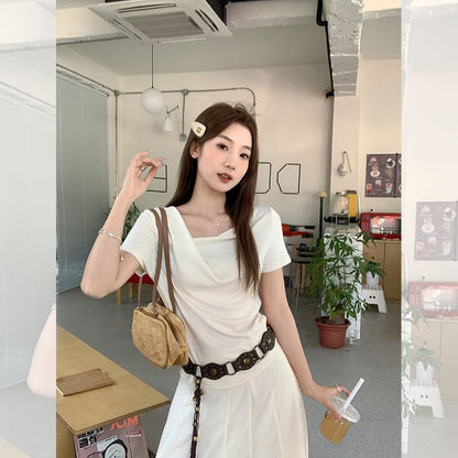 Short-Sleeve Cowl Neck Plain Ruched Slim Fit T-Shirt