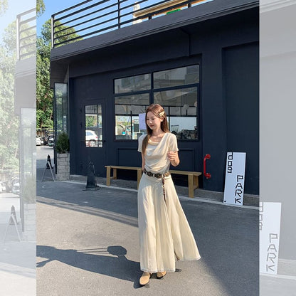 Plain Cowl Fit T-Shirt Neck Ruched Slim Short-Sleeve