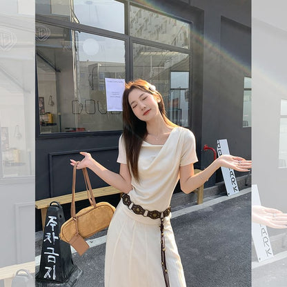 Short-Sleeve Cowl Neck Plain Ruched Slim Fit T-Shirt