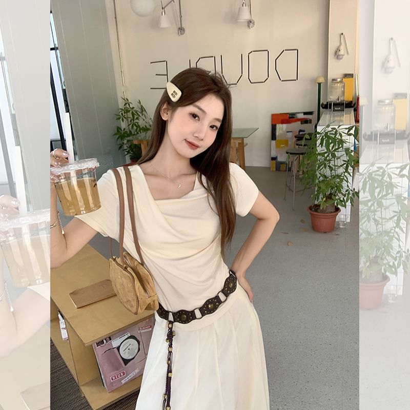 Short-Sleeve Cowl Neck Plain Ruched Slim Fit T-Shirt