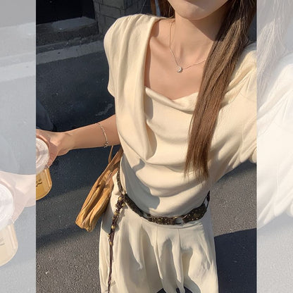 Plain Cowl Fit T-Shirt Neck Ruched Slim Short-Sleeve