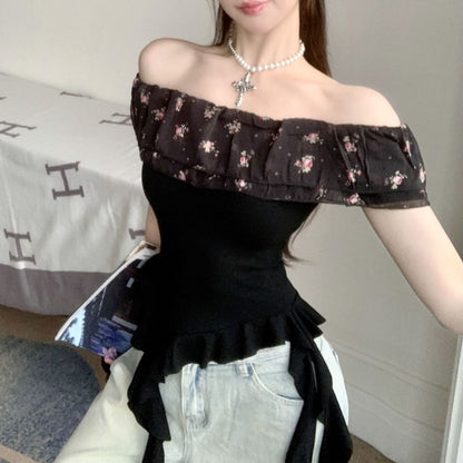 Ruffle Slim Cap-Sleeve Fit Trim Off-Shoulder Tee Panel Floral