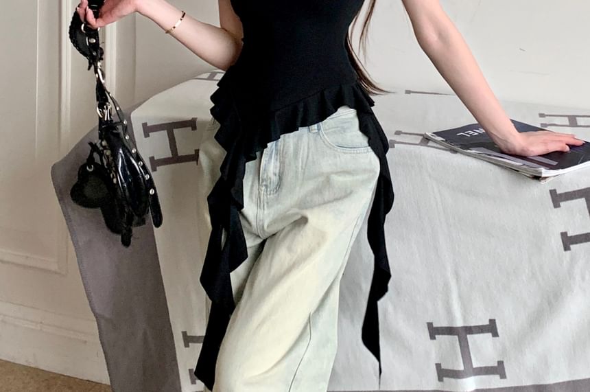 Ruffle Slim Cap-Sleeve Fit Trim Off-Shoulder Tee Panel Floral