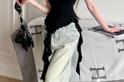 Ruffle Slim Cap-Sleeve Fit Trim Off-Shoulder Tee Panel Floral