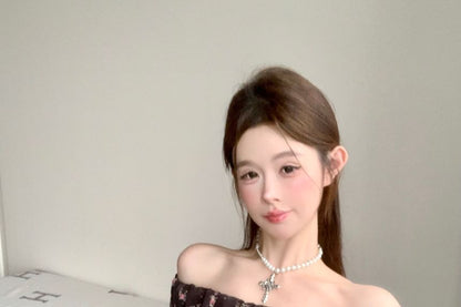 Ruffle Slim Cap-Sleeve Fit Trim Off-Shoulder Tee Panel Floral