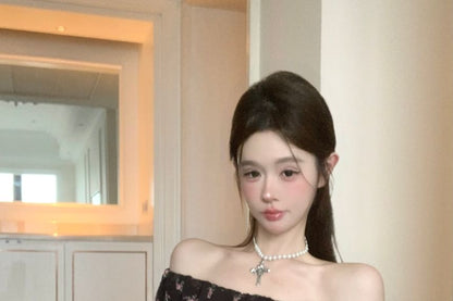 Ruffle Slim Cap-Sleeve Fit Trim Off-Shoulder Tee Panel Floral