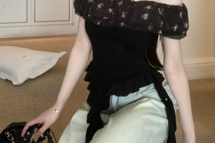 Ruffle Slim Cap-Sleeve Fit Trim Off-Shoulder Tee Panel Floral