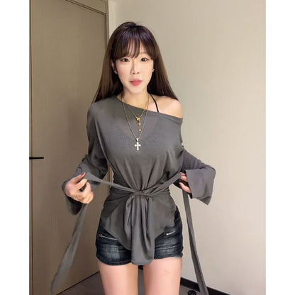 Off-Shoulder Slim Plain Tee Fit Long-Sleeve Asymmetrical Neck Sashed