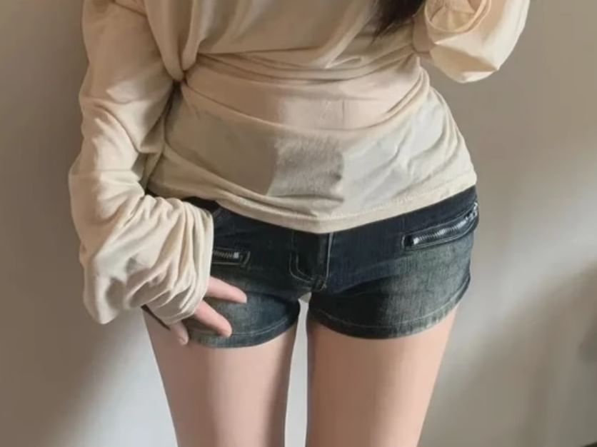 Off-Shoulder Slim Plain Tee Fit Long-Sleeve Asymmetrical Neck Sashed