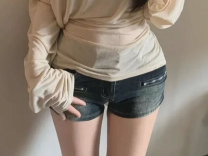 Off-Shoulder Slim Plain Tee Fit Long-Sleeve Asymmetrical Neck Sashed