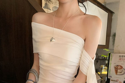 Short-Sleeve Off-Shoulder Plain Bow Ruched Slim Fit T-Shirt