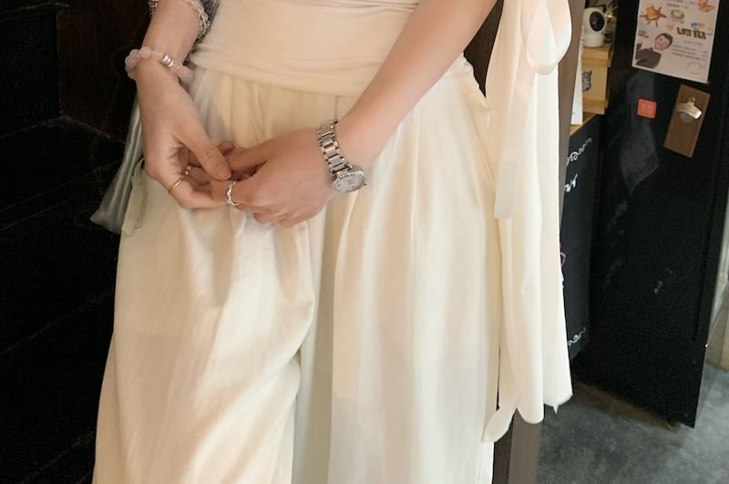 Ruched T-Shirt Off-Shoulder Fit Short-Sleeve Bow Plain Slim