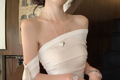 Short-Sleeve Off-Shoulder Plain Bow Ruched Slim Fit T-Shirt