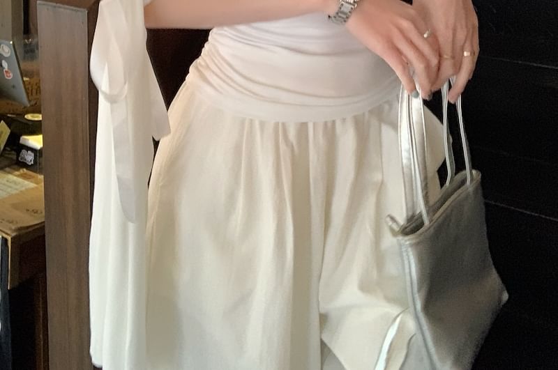 Short-Sleeve Off-Shoulder Plain Bow Ruched Slim Fit T-Shirt