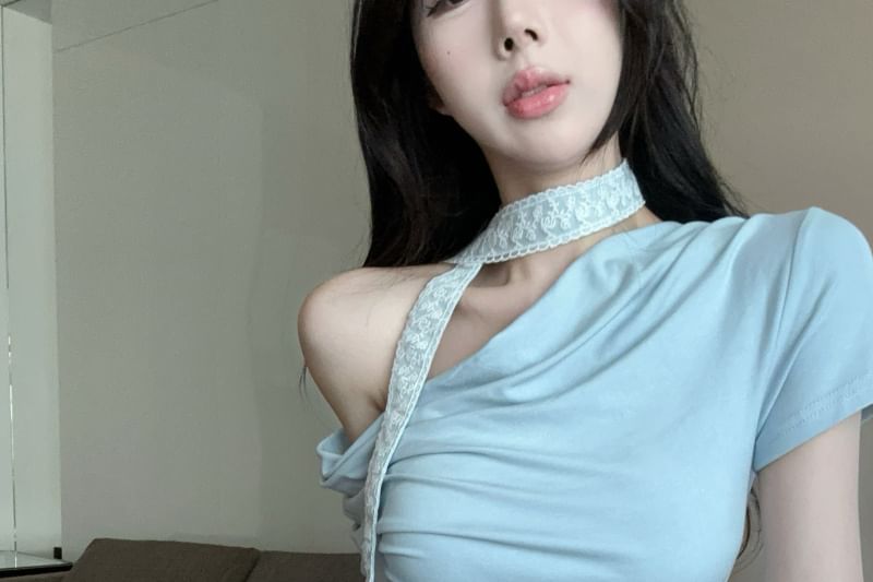 Short-Sleeve Cowl Neck Plain Asymmetrical Slim Fit Tee